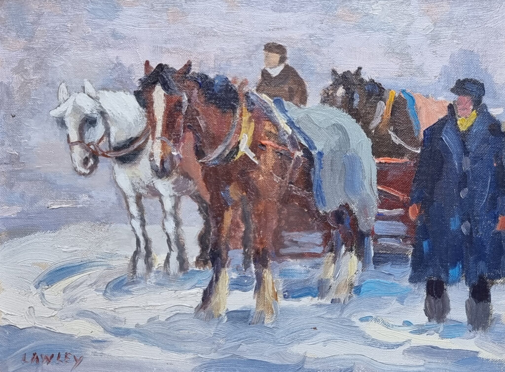 Painting of three work horses with carriages, two carriage drivers in winter