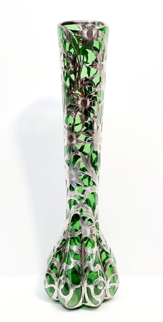 1900s Green glass vase with floral silver overlay, 16.25 inches tall