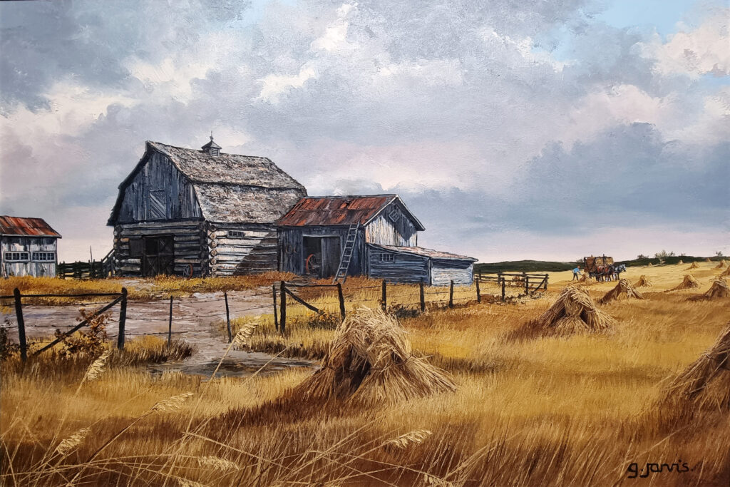 Painting of harvest time with hay and a barn